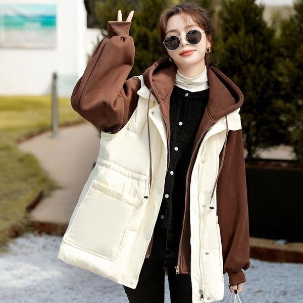 

women's down parkas cotton coat fake twopiece hooded patchwork sweatshirt outwear cthickened waist warm parka female 230107, Black