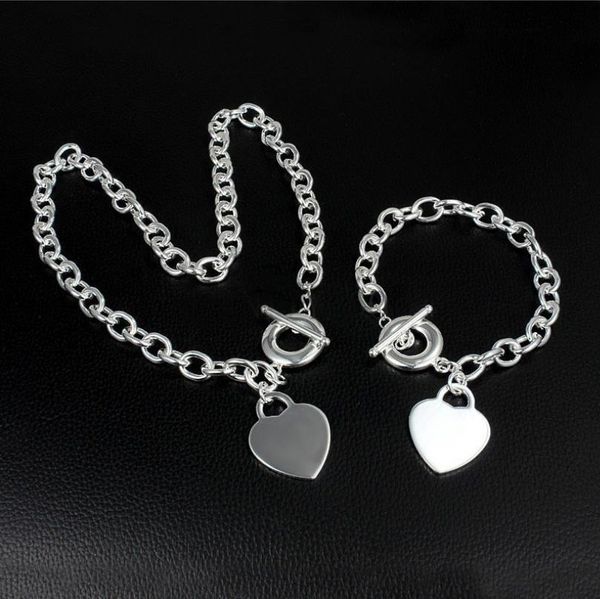 

fine jewelry christmas gift 925 silver love necklace bracelet set wedding statement jewelry heart pendant necklaces bangle sets