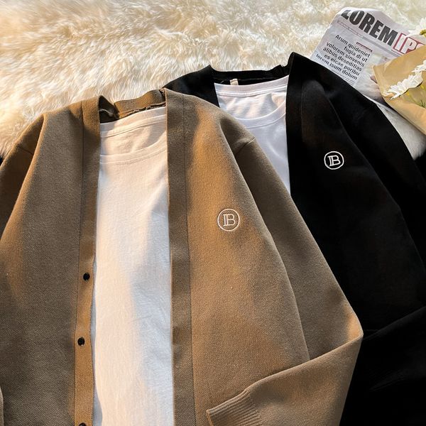 

men s sweaters vintage japanese cardigan knitted embroidery letter loose winter v neck sueter de hombre pull black jacket oversize 230107, White;black