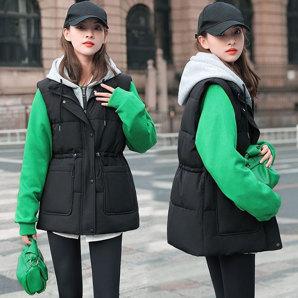 

women's vests two fake pieces womens black hooded vest women korean fashion sleeveless jacket female girls warm casual waistcoat outerw, Black;white
