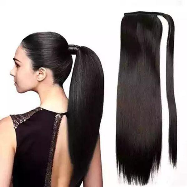 

elastic hair ties ponytail wrap around silk bone straight raw virgin hair pony tail hairpiece seamless clip in 120g double drawn cuticle ali, Black