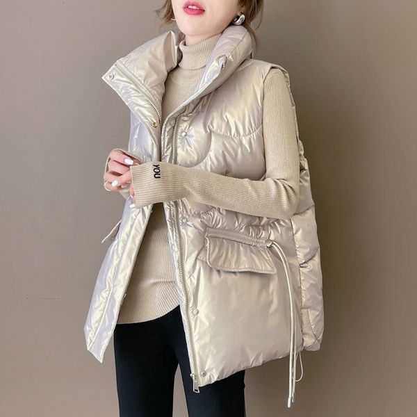 

women's vests women stand collar short bright color cotton padded jacket sleeveless female winter waistcoat coat vest 230107, Black;white