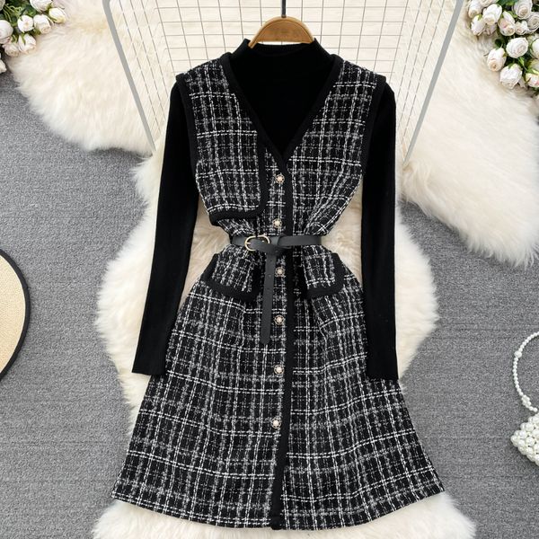 

stand neck solid women's two piece pants dresses color long sleeve knit suit v neck plaid single-breasted belt vest dress outfits set w, White