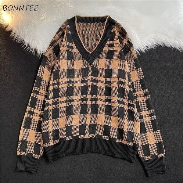 

men s t shirts sweater men vintage v neck autumn winter couple fashion japanese plaid ins knitwear clothing pullovers retro casual chandails, White;black