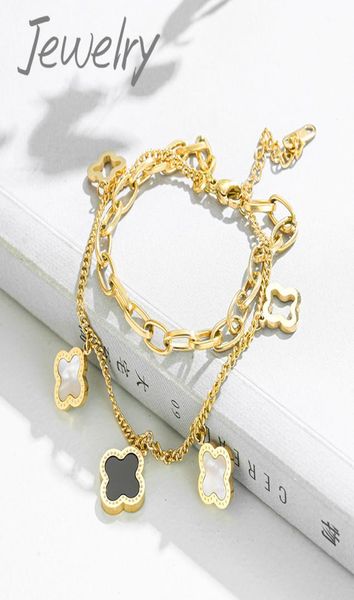 

handmade double layered clover charm bracelet jewelry for gift7137915, Golden;silver