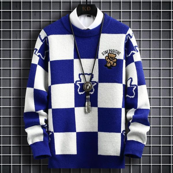 

men s t shirts winter hip hop printed loose mens sweaters high end cashmere sweater men clothing fashion plaid christmas pullovers 230107, White;black