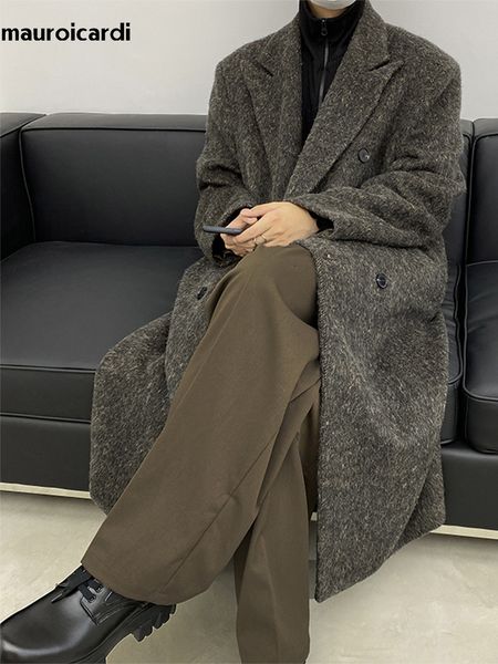 

men's wool blends mauroicardi autumn winter long loose casual warm soft en trench coat men double breasted overcoat korean fashion 2301, Black