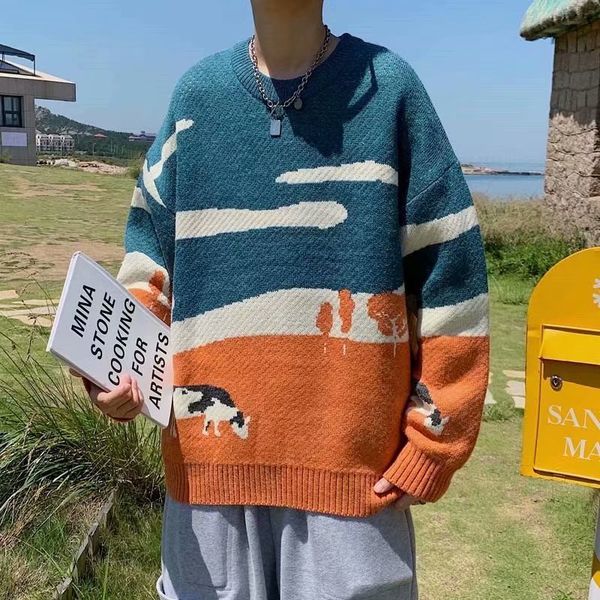 

men's sweaters cows pattern pullover men women knitted hip hop harajuku vintage winter casual knitwear 230107, White;black