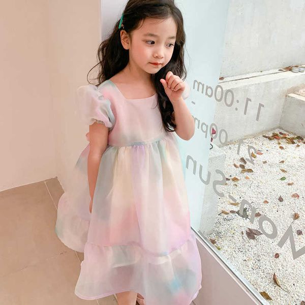

girl's dresses milancel 2022 summer girls clothes square neck puff sleeves rainbow mesh princess dress back bow t230106, Red;yellow