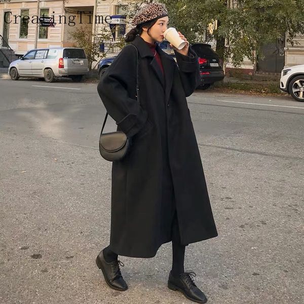 

women's wool blends korean style long trench coat autumn winter black woolen thickened windbreaker lh688 230107