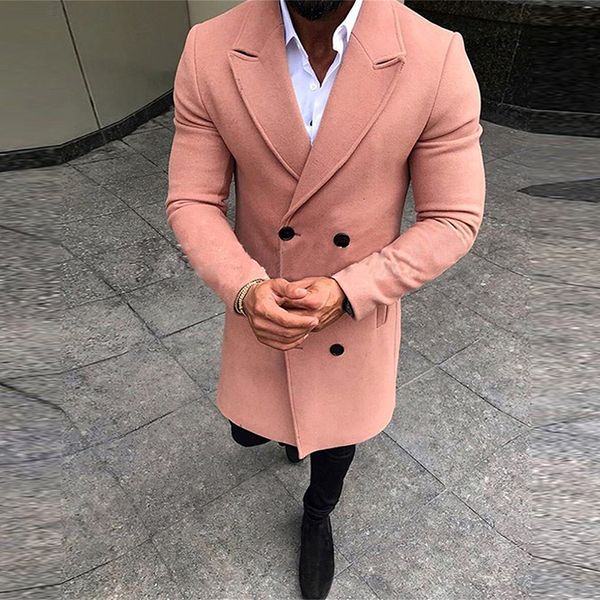 

men's wool blends men fashion long sleeve solid overcoat casual autumn winter slim mens outwear vintage double breasted lapel jackets, Black