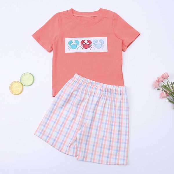 

clothing sets infant crab outfits baby boy cotton orange clothes set animal embroidery bodysuit toddler sleeve t-shirt lattice shorts for ba, White