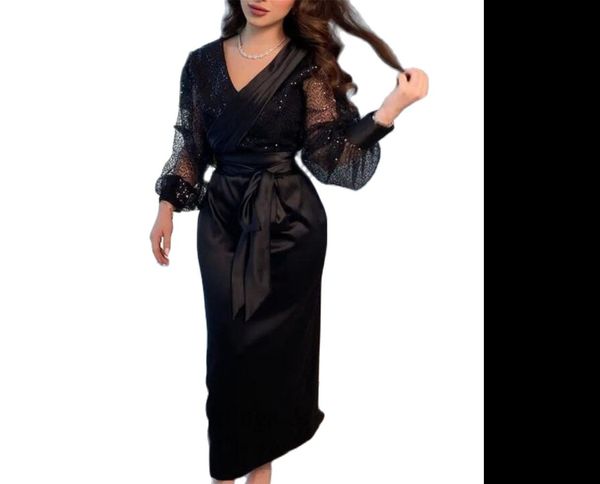 

black sheath arabia midi evening dresses satin lace long sleeves prom party gowns ankle length formal 2023, Black;red