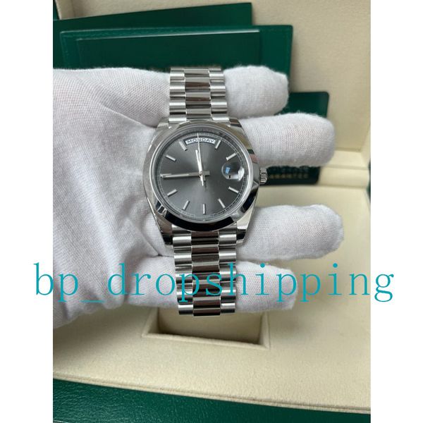 

classic style watches for man 40mm smooth bezel grey dial daydate fine steel 2813 automatic movement mechanical luminous men's wristwat, Slivery;brown