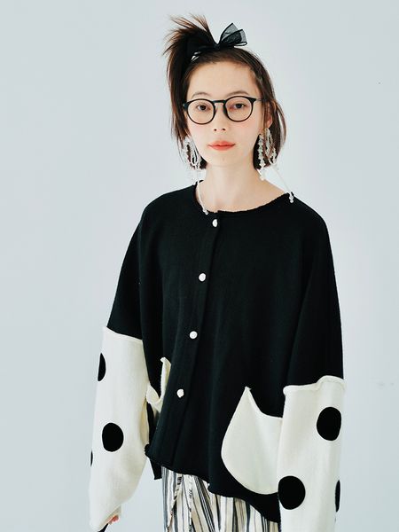 

men's down parkas imakokoni original design long sleeve cardigan cashmere jacket polka dot black and white patchwork pocket cropped wom