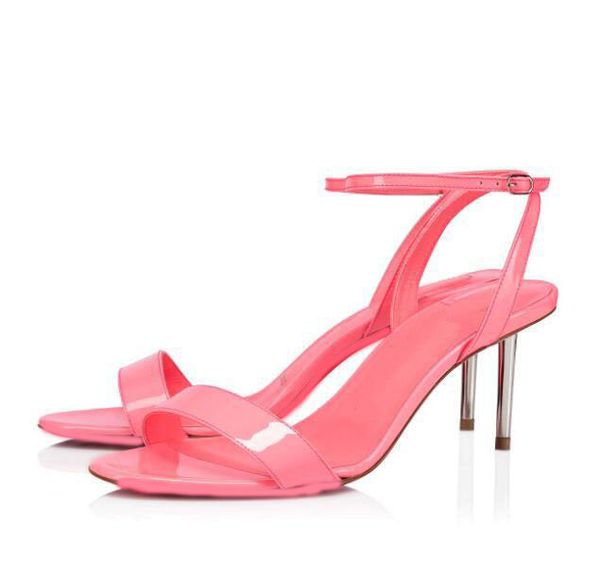 

summer new women's sandals metal slim heel lacquer reflective bare buckle wedding party 70mm cool, Black