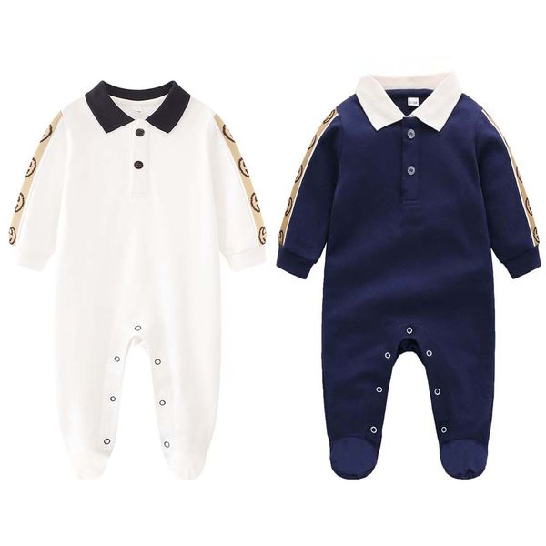 

100% Cotton Kids Designer Romper Baby Boy Girl Tops Quality Long Sleeve Clothes 1-2 Years Old  Spring Autumn Lapel Jumpsuits Children's Clothing, Navy blue
