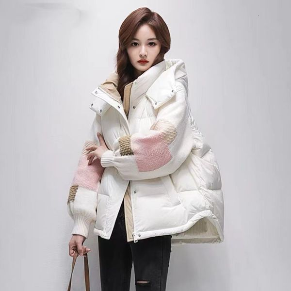 

women's down parkas fashionable cotton jacket winter thickened thermal hooded short outerwear korean loose splice parka coat 230107, Black