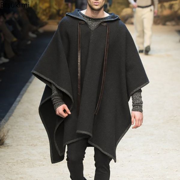 

men's wool blends autumn winter shawl jackets vintage national pattern printed woollen poncho hooded coats male loose cape outwear 2301, Black