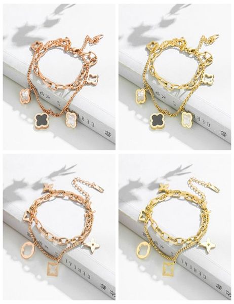 

pretty double layer openwork stainless steel clover charm bracelet lucky four leaf women jewelry for women gift9921346, Golden;silver