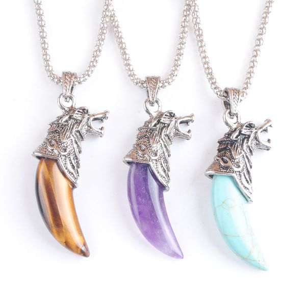 

natural gemstones wolf tooth shape pendant copper amulet luck man pendant necklace jewelry chain 45cm bn518, Silver