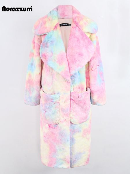 

women s fur faux nerazzurri winter long colorful oversized thick warm coat women pockets tie dye luxury designer runway fluffy jacket 230107, Black