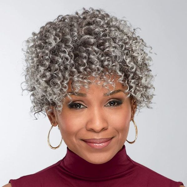 

trendy corkscrew curls gray hair ponytail extension silver grey afro bun puff bouncy curly drawstring human hair ponytails clip in real hair, Black