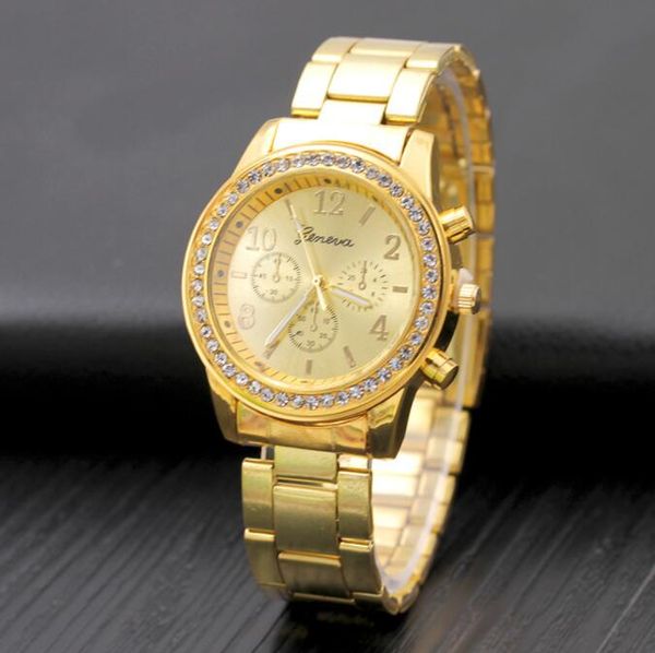 

fashion dimaond watch women men stainless steel business watches geneve crystal quartz clock luxury rose gold wristwatch, Slivery;brown
