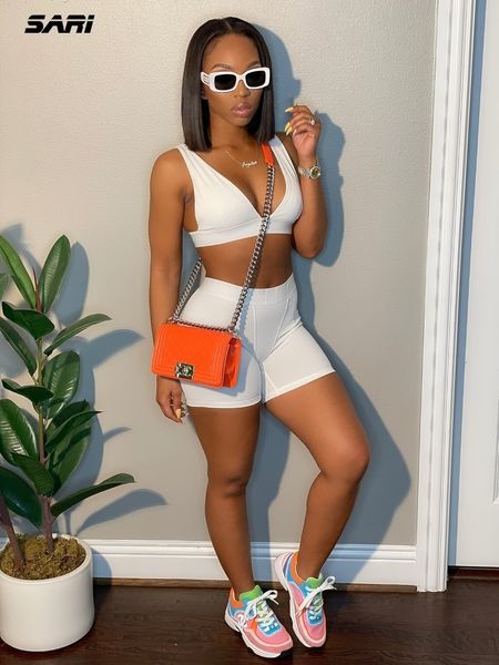 

women s two piece pants summer two piece solid color sports suit tight fitting vest bra shorts streetwear women halter riding 230106, White