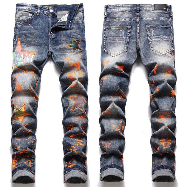 

europe and the united states new mens jeans mens retro color trousers elastic casual straight tide denim pants, Blue