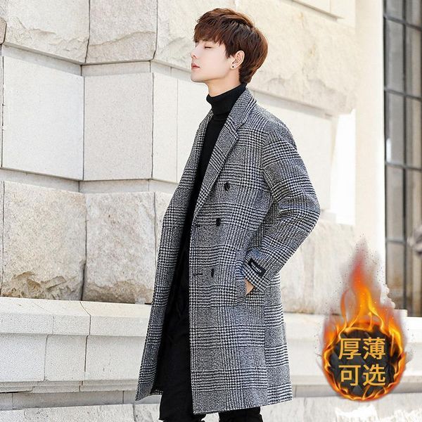 

men's wool blends windbreaker korean fashion brand handsome thousand bird grid medium length casual woven coat 230107, Black