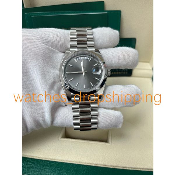 

classic style watches for man 40mm smooth bezel grey dial daydate fine steel automatic movement mechanical luminous men's wristwatch, Slivery;brown