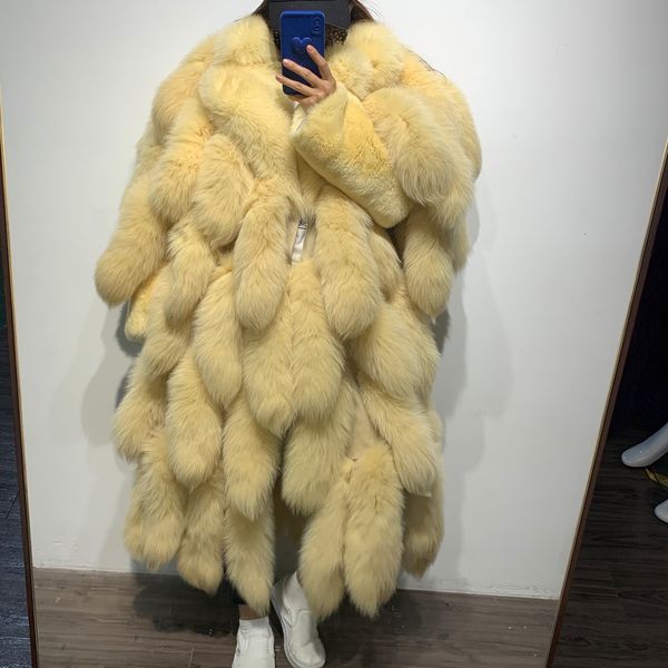 

women s fur faux coat long winter natural tail clothing real outwear 230107, Black
