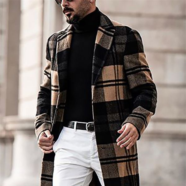 

men's wool blends autumn winter fashion woolen coats solid color single breasted lapel long coat jacket casual overcoat trench 230107, Black