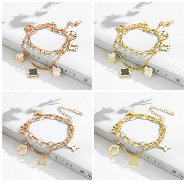 

pretty double layer openwork stainless steel clover charm bracelet lucky four leaf women jewelry for women gift7857511, Golden;silver