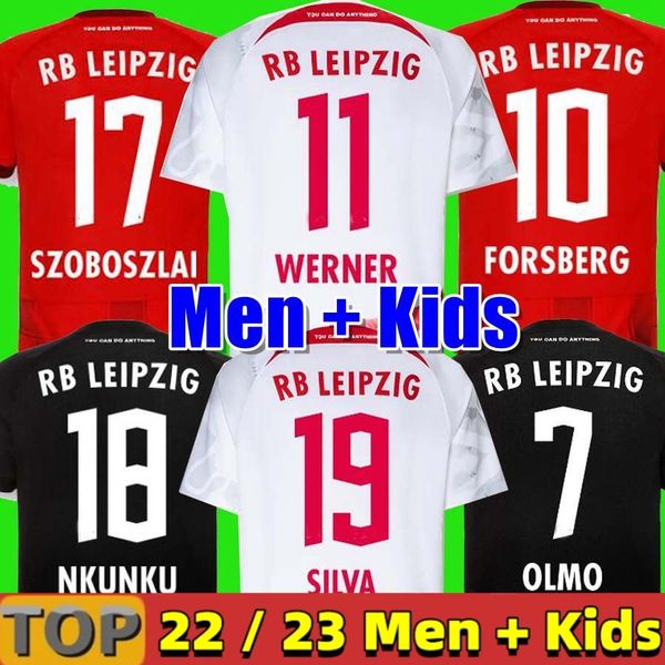 

22 23 rbl silva soccer jerseys 2022 olmo poulsen forsberg hee chan sabitzer upamecano szoboszlai kluivert football shirt men kids uniforms, Black;yellow