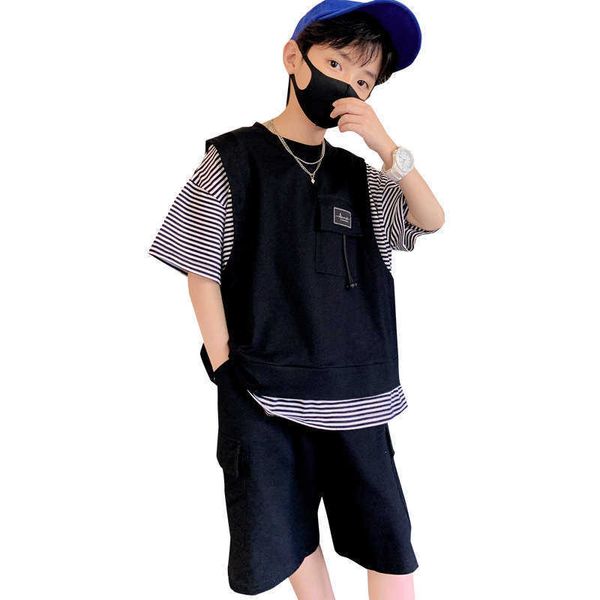 

clothing sets 2022 summer kids boy clothes tracksuit short sleeve fake two piece t shirt shorts cotton clothing sets 5 6 7 8 9 10 11 12 13 1, White