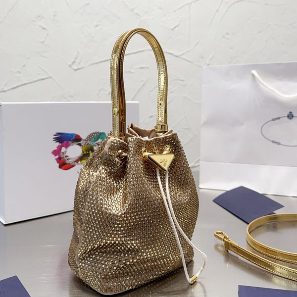 

mini nylon bucket bag shiny diamonds handbags women drawstring crossbody bags rhinestone purse triangle sign handle totes