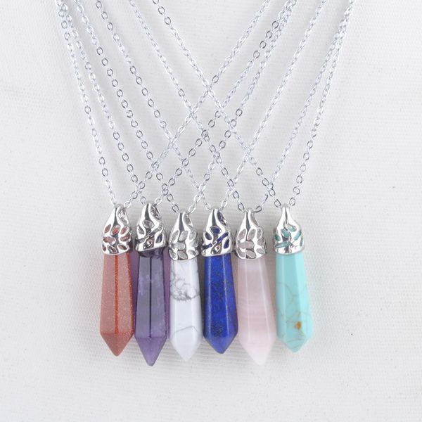 

yowost natural stone pendant necklace female male jewelry opal quartz turquoise hexagonal pillar charms chain 45cm bn469, Silver