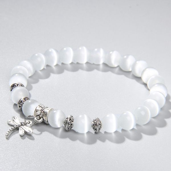 

other bracelets 8mm white cat eye stone beads bracelet with lucky dragonfly dog claw butterfly pendant charms strand for women female 230107, Golden;silver