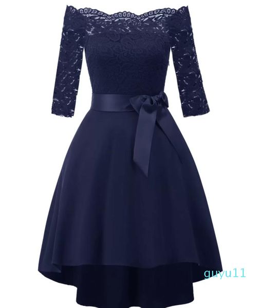 

ladies lace evening dress sleeve bow off shoulder short sleeve high low hem club fashion, Black