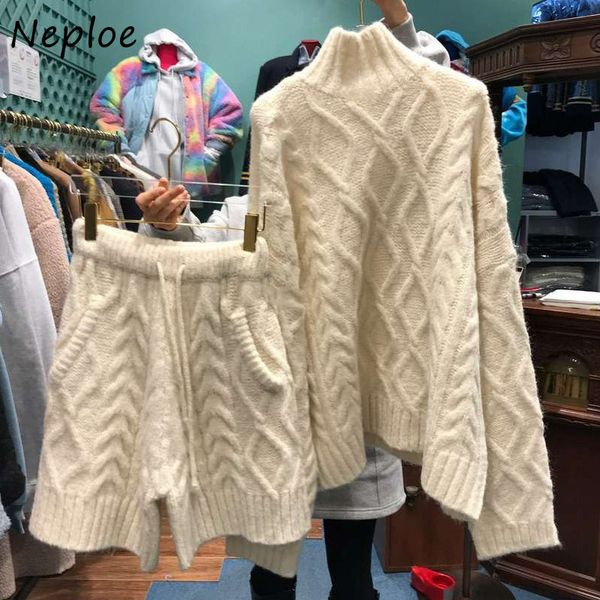 

women s two piece pants neploe casual sweater short suit turtleneck long sleeve solid color knitted shorts woman two piece suit 230109, White