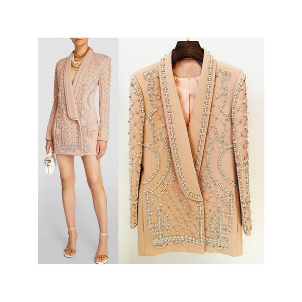 

high-quality beading rhinestone decorative pink long blazer, White;black