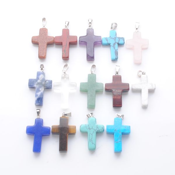 

yowost natural gemstones cross pendants for jewelry making necklace earrings reiki charm accessories bn404, Silver
