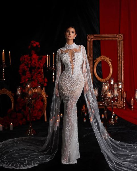 

luxury mermaid wedding dresses sleeveless capes v neck halter beaded sequins appliques formal dresses pearls 3d lace hollow bridal gowns plu, White