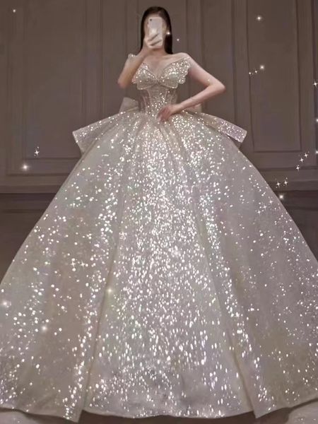 

2023 dubai luxury a line wedding dresses sequined plus size chapel train sweetheart vestido de novia appliqued bridal wedding gown1692, White