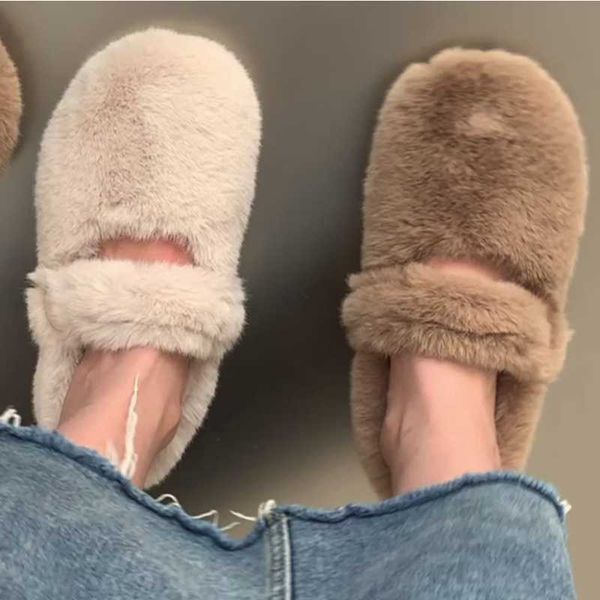 

boots mary jane fluffy cotton slippers women's winter clothes 2022 fleece lining thickened one pedal comfortable shoes 221215, Black