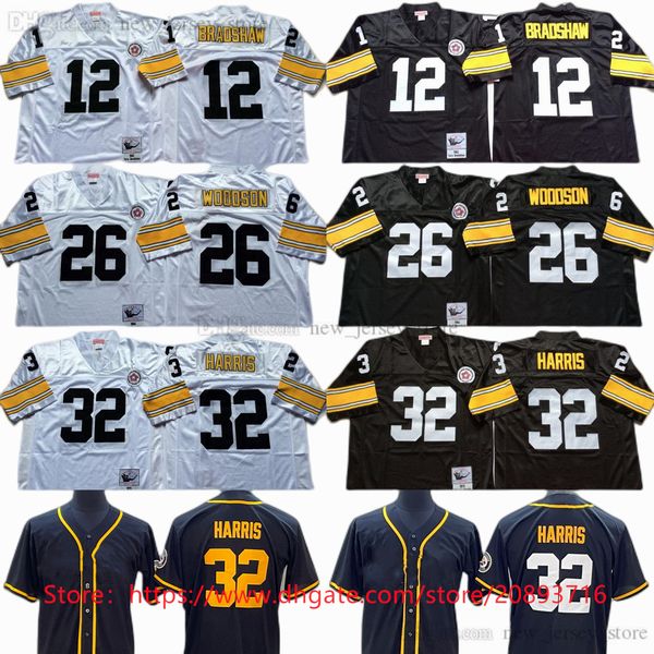 

ncaa vintage mitchell and ness football 32 franco harris jerseys retro 12 terry bradshaw 26 rod woodson jersey co branding harris bradshaw b, Black;red