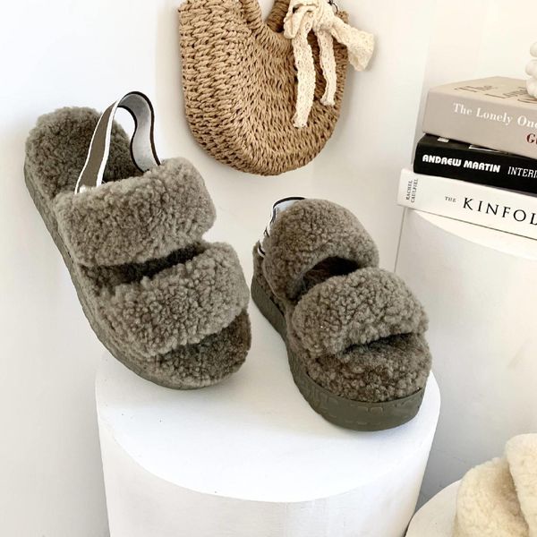 

designer australian teddy wool slippers women's thick soled winter snow boots thermal sandals suede plush casual slippers size 35-42, Black