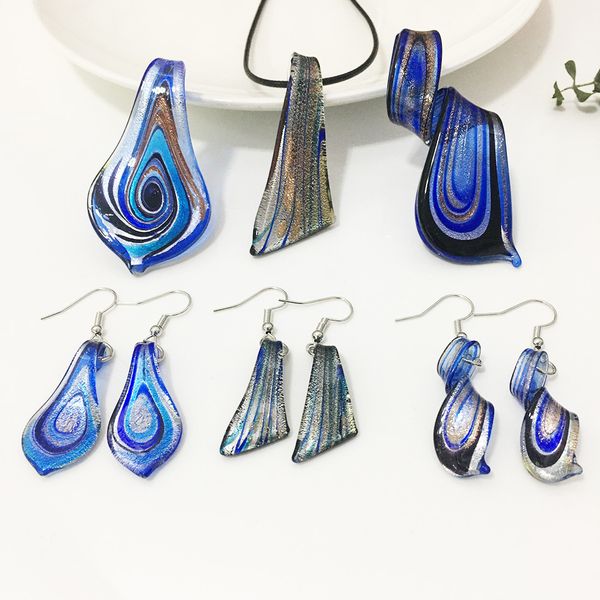 

3 sets pendant necklace earrings dark blue knife leaf shapes colored jewelry for women murano glass lampwork, Silver